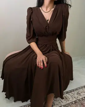 Дубай Саудовская Аравия Шифоновое темно-коричневое платье для выпускного вечера Русалка Вечерние платья с V-образным вырезом и половинными рукавами Свадебное платье для вечеринки