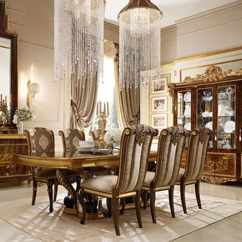 Европейская ресторанная мебель, большой стол из массива дерева с резьбой, большая семья, один стол, восемь стульев, комбинация стола и стула