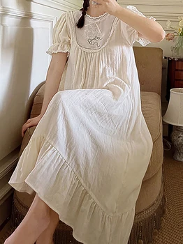 Женская Винтажная ночная рубашка принцессы, ночная рубашка с вышивкой из чистого хлопка, Двухслойное платье, Летняя Милая пижама в стиле Ретро в викторианском стиле.