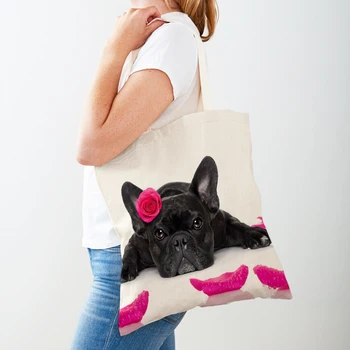 Женская дорожная сумка-тоут Mini French Bulldog, сумка для покупок с двусторонним принтом, повседневные холщовые сумки для домашних животных, женские сумки для покупок