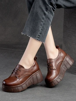 Женская обувь Beffery на платформе, массивная обувь из натуральной кожи на шнуровке, обувь ручной работы на танкетке с круглым носком на шнуровке