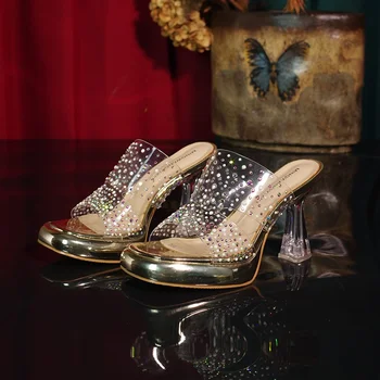 Женская обувь Милые тапочки Женские базовые повседневные туфли на тонком высоком каблуке с заклепками из цельного хрусталя Летние тапочки Zapatillas Mujer