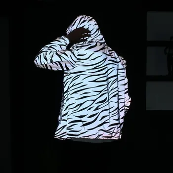 Женская Светоотражающая куртка, ветровка с капюшоном, Непромокаемая женская уличная одежда в полоску в стиле хип-хоп, зебра, Скейтборд, Ночная светящаяся куртка