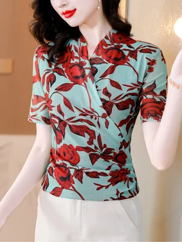 Женская футболка, летняя одежда для женщин, укороченный топ, повседневная футболка с цветочным принтом, короткий рукав, футболки из полой сетки
