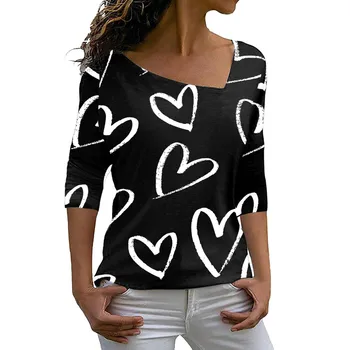 Женская футболка с принтом на День Святого Валентина, топ с неправильным вырезом и длинным рукавом, блузка с длинным рукавом, Женские новогодние женские рубашки, топ