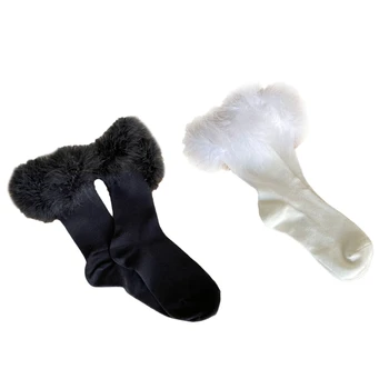 Женские зимние хлопчатобумажные носки в рубчик из телячьей кожи в японском стиле Harajuku, милые пушистые чулки со средней частью из перьев