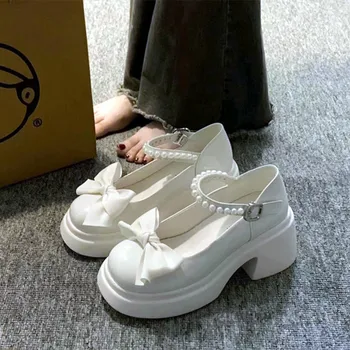 Женские кожаные туфли Mary Jane во французском стиле 2023, увеличивающие рост, туфли-лодочки, милые женские туфли с бантом, жемчугом и пряжкой.