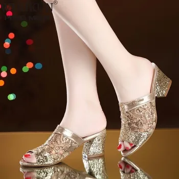 Женские летние сандалии JIESHAO, золотые сандалии с открытым носком, кружевные модельные туфли, женские босоножки на высоком каблуке, туфли-лодочки на квадратном каблуке, женская обувь