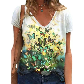 Женские модные футболки, летние повседневные топы с коротким рукавом, футболка с принтом бабочки, уличная футболка, женская одежда оверсайз
