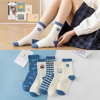 Женские носки средней длины, японская осенне-зимняя корейская версия женских носков, милые мультяшные синие хлопчатобумажные носки с длинными рукавами, женские