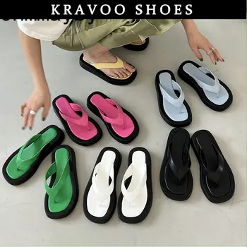 Женские тапочки на платформе бренда KRAVOO, Летние модные женские шлепанцы на толстой подошве и плоском каблуке, повседневные пляжные сандалии на открытом воздухе, вьетнамки