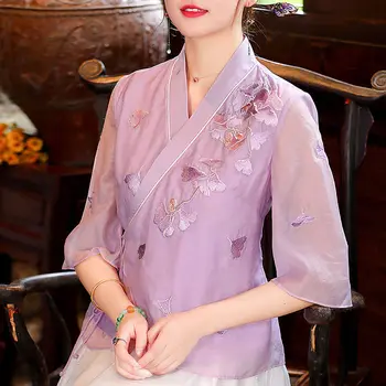 Женские топы на шнуровке с вышивкой в китайском стиле, Традиционный дзен-чай, Элегантная одежда Hanfu, ретро-кардиган с V-образным вырезом, халаты, блузка 2023 г.