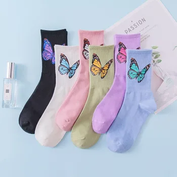 Женские хлопчатобумажные носки Новый модный тренд с принтом бабочки 5 цветов Универсальная серия Персонализированных простых женских милых носков I101