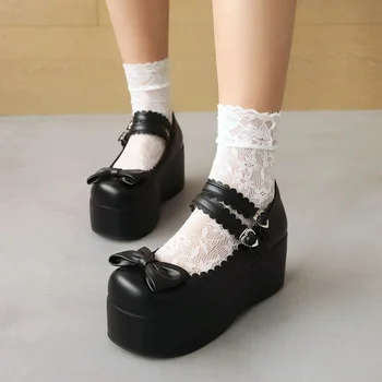  Женские Японские туфли-лодочки Mary Janes Lolita с круглым носком и бантом, туфли в стиле ретро с пряжкой на ремне, туфли на платформе и высоком каблуке, Большие размеры, 3 цвета    