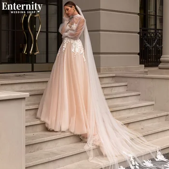 Замечательные свадебные платья с кружевными аппликациями, свадебные платья трапециевидной формы с высоким воротом, длинные пышные рукава, иллюзия спины, Vestidos De Novia