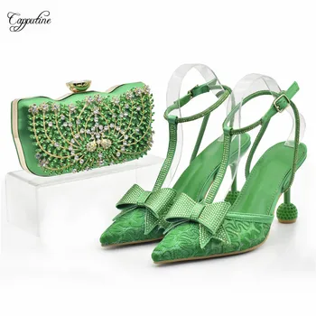 Зеленый комплект женской обуви и сумочки-портмоне Модные женские босоножки-лодочки на высоком каблуке Сочетаются с сумочкой-клатчем Femmes Sandales 938-14