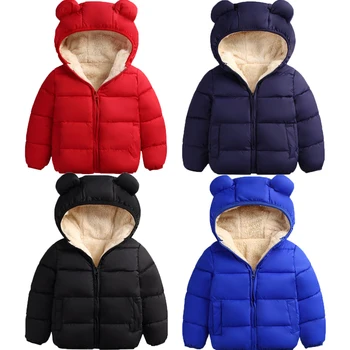 Зимние пуховики для новорожденных девочек и мальчиков, пальто с 3D ушками, капюшоном, длинным рукавом на молнии, однотонная теплая одежда, 4 цвета
