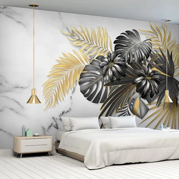 Изготовленная на заказ 3D настенная роспись Современное тропическое растение ручной росписи Черно-золотые листья Фотообои Гостиная телевизор Диван Фреска в спальне
