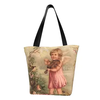 Изготовленная на заказ холщовая хозяйственная сумка Victorian Angel Vintage Rose, женская моющаяся сумка для покупок, сумки для покупок