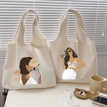 Иллюстрация: сумка через плечо с принтом для девочек, Женские сумки-тоут, Женская сумка для покупок, сумка для книг для девочек, дорожная холщовая сумка в стиле харадзюку