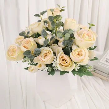имитирующий букет из искусственной розы мира 30 см, 4 больших цветка, 6 бутонов, дешевые поддельные цветы
