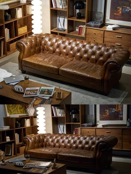 Классический кожаный диван с изголовьем из воловьей кожи, классическая гостиная в европейском американском стиле, кожаная мебель в стиле ретро с маслом и воском
