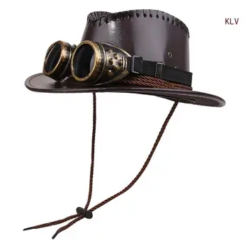 Ковбойская шляпа с защитными очками для женщин и девочек, дышащая Ковбойская шляпа с регулируемой веревкой для подбородка, панк-шляпа из искусственной кожи