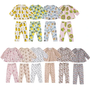 Комплект одежды для маленьких девочек, Новые осенние рубашки с длинными рукавами и цветочным принтом для маленьких мальчиков + Штаны, Домашний костюм из двух предметов для новорожденных из хлопка и модала