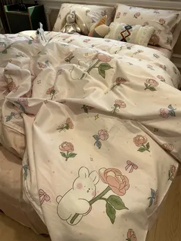 Комплект постельного белья с милым мультяшным кроликом и розой для детей-подростков, twin full queen, кавайный розовый хлопковый домашний текстиль, простыня, наволочка, пододеяльник