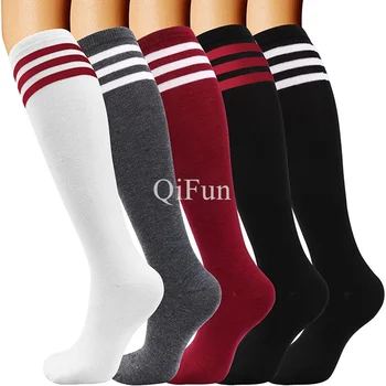 Компрессионные носки с длинной трубкой, черно-белые полосатые футбольные носки, Нескользящие Мужские Женские Спортивные носки для бега, Гольфы