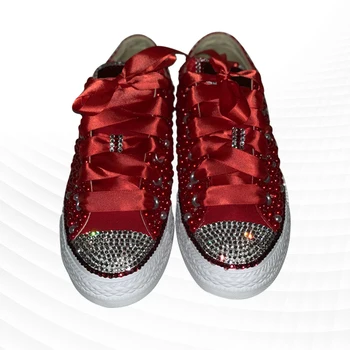Красный низкий верх, жемчуг, стразы, лента, парусиновая обувь в индивидуальном стиле, интегрированная спортивная повседневная обувь, женская обувь 35-46