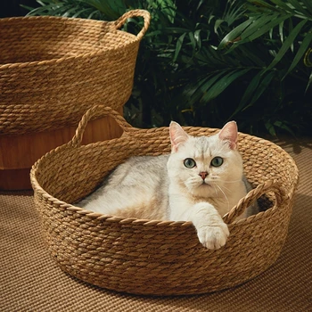 Круглая кровать для домашних кошек, Плетеная корзина из травы ручной работы, Охлаждающее гнездо, Моющееся, Мягкое, Дышащее, Устойчивое к царапинам