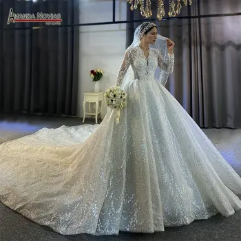 Кружевное свадебное платье с длинными рукавами и королевским длинным шлейфом, настоящий образец работы