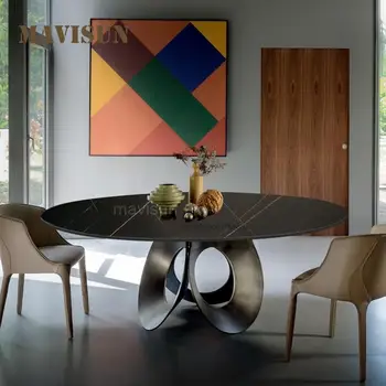 Легкий Роскошный круглый обеденный стол в итальянском стиле с поворотным столом Домашняя мебель для кухни Современный минималистичный столовый набор на 6 мест
