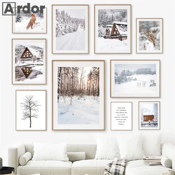 Лесной дом, плакаты с деревьями, Сова, Лиса, Пейзаж, Настенное искусство, холст, живопись, Зимние принты на снегу, скандинавские картины, домашний декор для гостиной