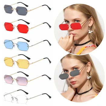 Летние женские винтажные прямоугольные солнцезащитные очки без оправы, модные солнцезащитные очки для вождения UV400, уличные пляжные сексуальные очки в маленькой оправе