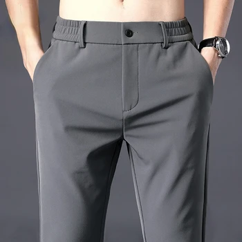 Летние мужские повседневные брюки Тонкий деловой стрейч, приталенный крой, эластичный пояс, джоггер, Корейские классические Синие, черные, серые брендовые брюки, мужские брюки