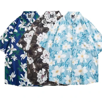 Летние мужские рубашки 2023, Японская мода, рубашки с коротким рукавом в стиле Харадзюку, Мужская Повседневная одежда, трендовая уличная одежда, рубашки с цветами, мужчины