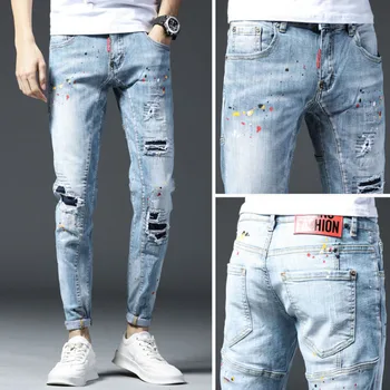Летние синие джинсы с дырками в разрезе мужская корейская версия нашивки slim feet модные мужские брюки ker001