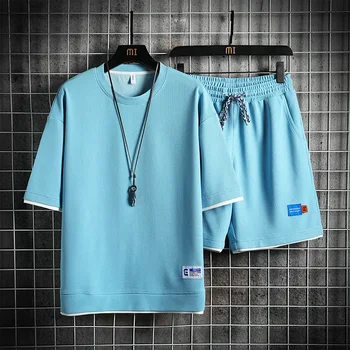 Летний мужской комплект футболок в полоску, 3D футболка с короткими рукавами, Шорты, одежда оверсайз, Винтажная уличная одежда, спортивный костюм