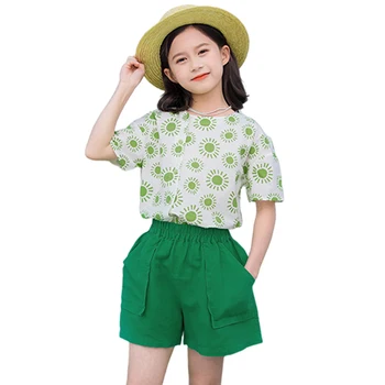 Летняя одежда для девочек с цветочным рисунком, одежда для девочек, футболка + короткая одежда для девочек, повседневный стиль, детские спортивные костюмы