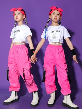 Летняя одежда для джазовых танцев для девочек, укороченные топы с короткими рукавами, Свободные розовые брюки, детский костюм для выступления в стиле хип-хоп, Kpop Наряд BL10049