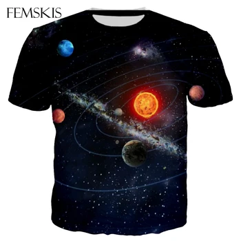 Летняя футболка FEMSKIS, мужские и женские футболки с изображением 3D планеты Космос Галактика, одежда с короткими рукавами, повседневные топы, футболки унисекс