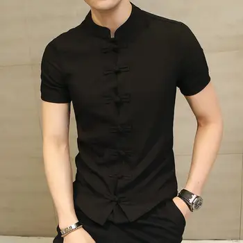 Льняные рубашки больших размеров Мужская уличная одежда с воротником-стойкой, мужская рубашка с короткими рукавами, приталенная китайская традиционная одежда 5XL
