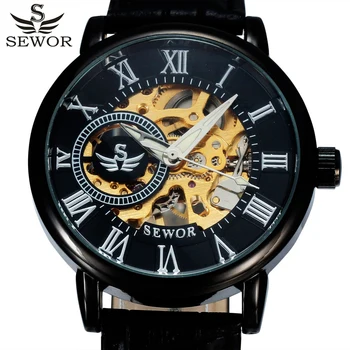 Люксовый бренд SEWOR Черные Механические Часы Skeleton Мужские Кожаные Наручные Часы Повседневные Мужские Часы Clock Men Montre Homme Relogio
