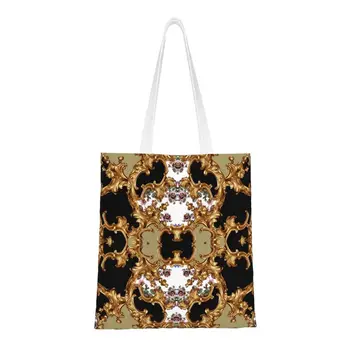 Многоразовая сумка для покупок в стиле золотой элегантности в стиле барокко, женская холщовая сумка-тоут, портативные сумки для покупок с геометрическими узорами, сумки для покупок с продуктами