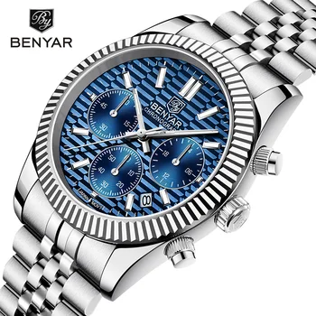 Многофункциональные мужские часы Benyar, роскошные кварцевые шестигранные водонепроницаемые наручные часы из нержавеющей стали, модные светящиеся водонепроницаемые наручные часы на 10 бар