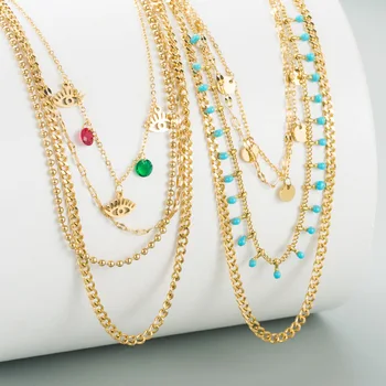 Модное многослойное стальное ожерелье в женском стиле хип-хоп с цветным цирконом, ожерелье из бисерной цепочки, многослойное ожерелье в богемном стиле