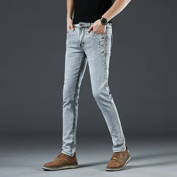 Модные брендовые мужские джинсы с карманами на пуговицах, стрейчевые повседневные облегающие хлопковые светло-синие и темно-серые дизайнерские мужские джинсовые брюки