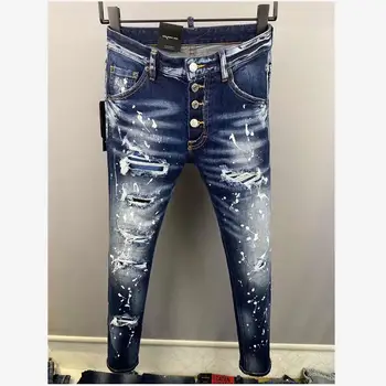 Модные Мужские всесезонные Облегающие джинсы-стрейч С буквенным принтом, Мотоциклетные джинсовые брюки DSQ2 COOL GUY JEANS синего цвета 9852#